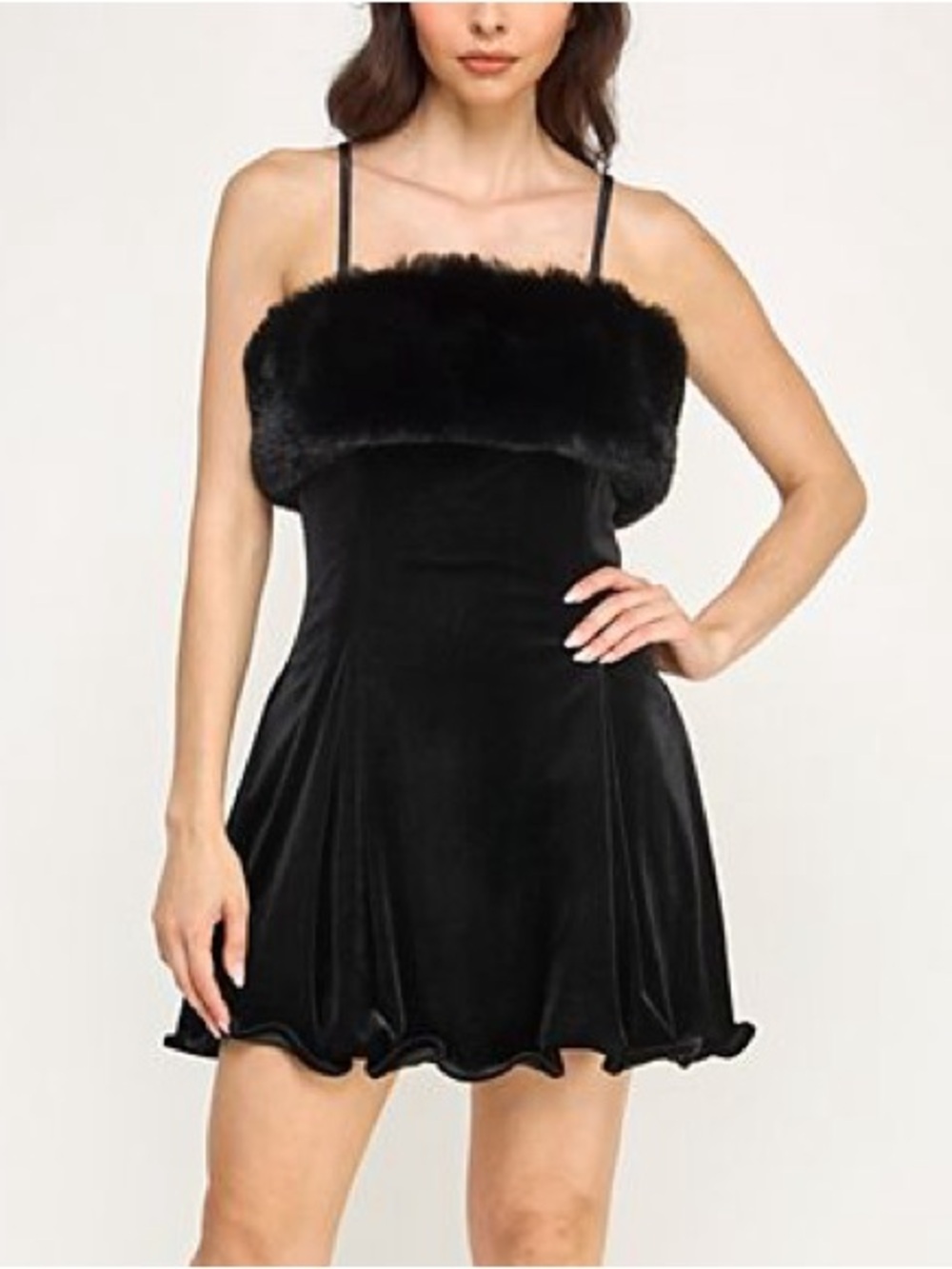 Black Velvet Mini Dress with Faux Fur Trim